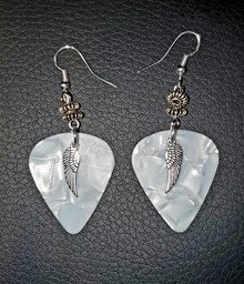 Show details for Frosted White Guitar Pick Earrings with Angel Wing Charms Picture of Frosted White Guitar Pick Earrings with Angel Wing Charms