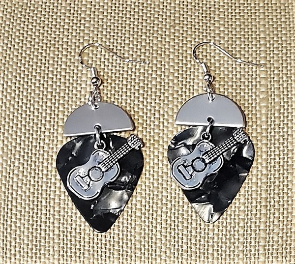 Picture of Marbled Black and Grey Guitar Pick Earrings with Silver Accents