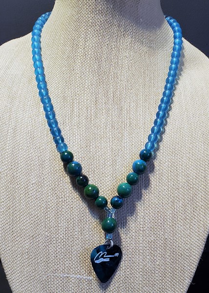 Picture of Blue-Green Beads with Peter Mayer guitar pick